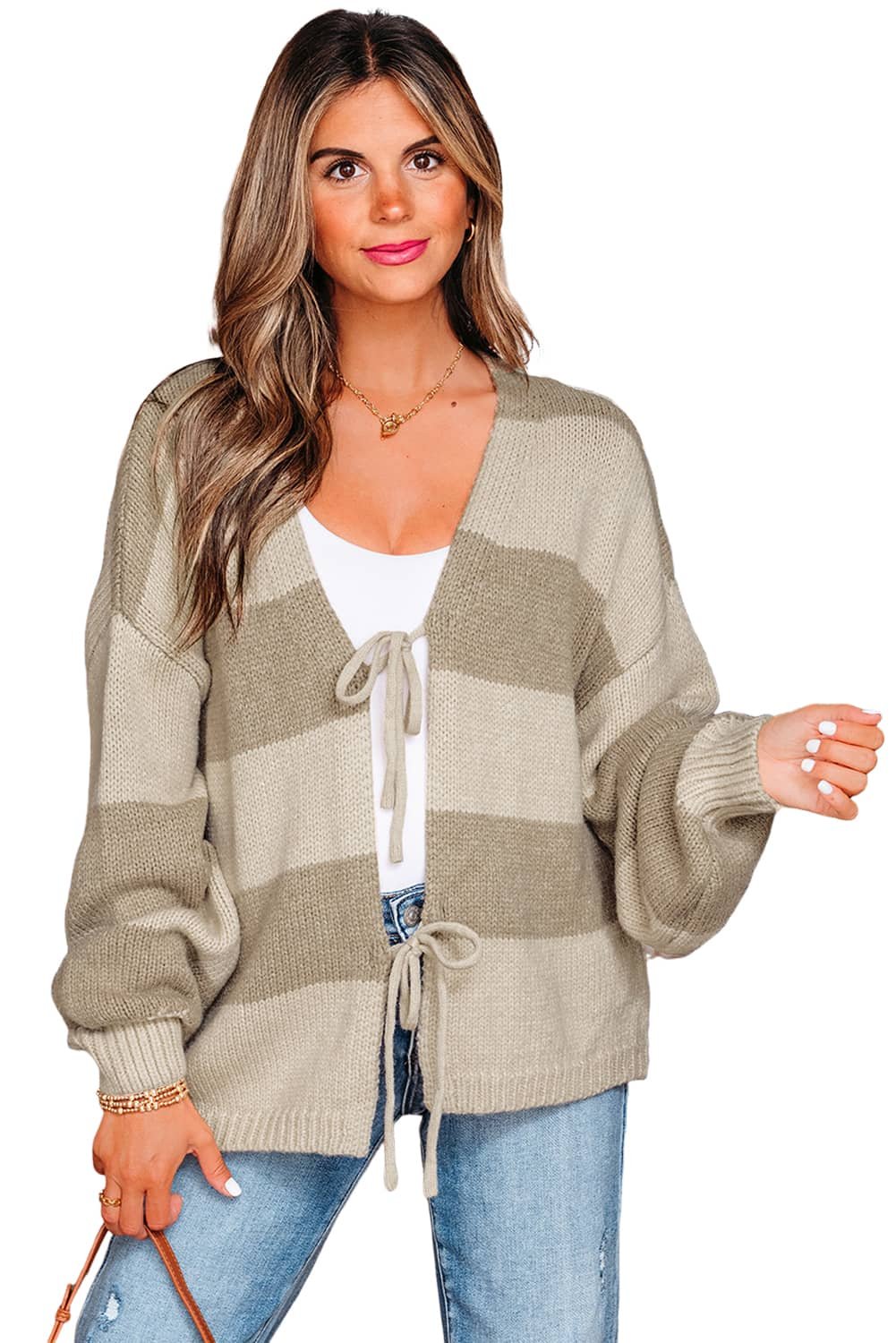 Khaki Striped Color Block Brushed Knit Bow Tie Front Sweater Cardigan