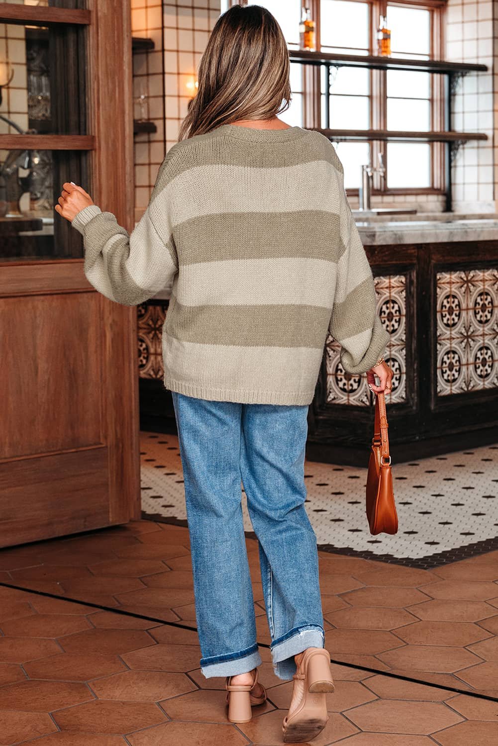 Khaki Striped Color Block Brushed Knit Bow Tie Front Sweater Cardigan