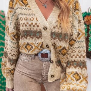 Khaki Western Pattern Knitted Button V Neck Cardigan Sweater