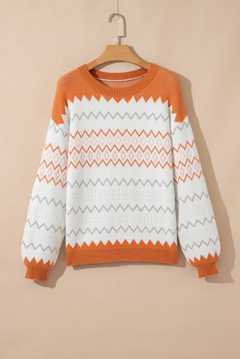 Khaki Zigzag Geometric Pattern Knitted Pullover Sweater