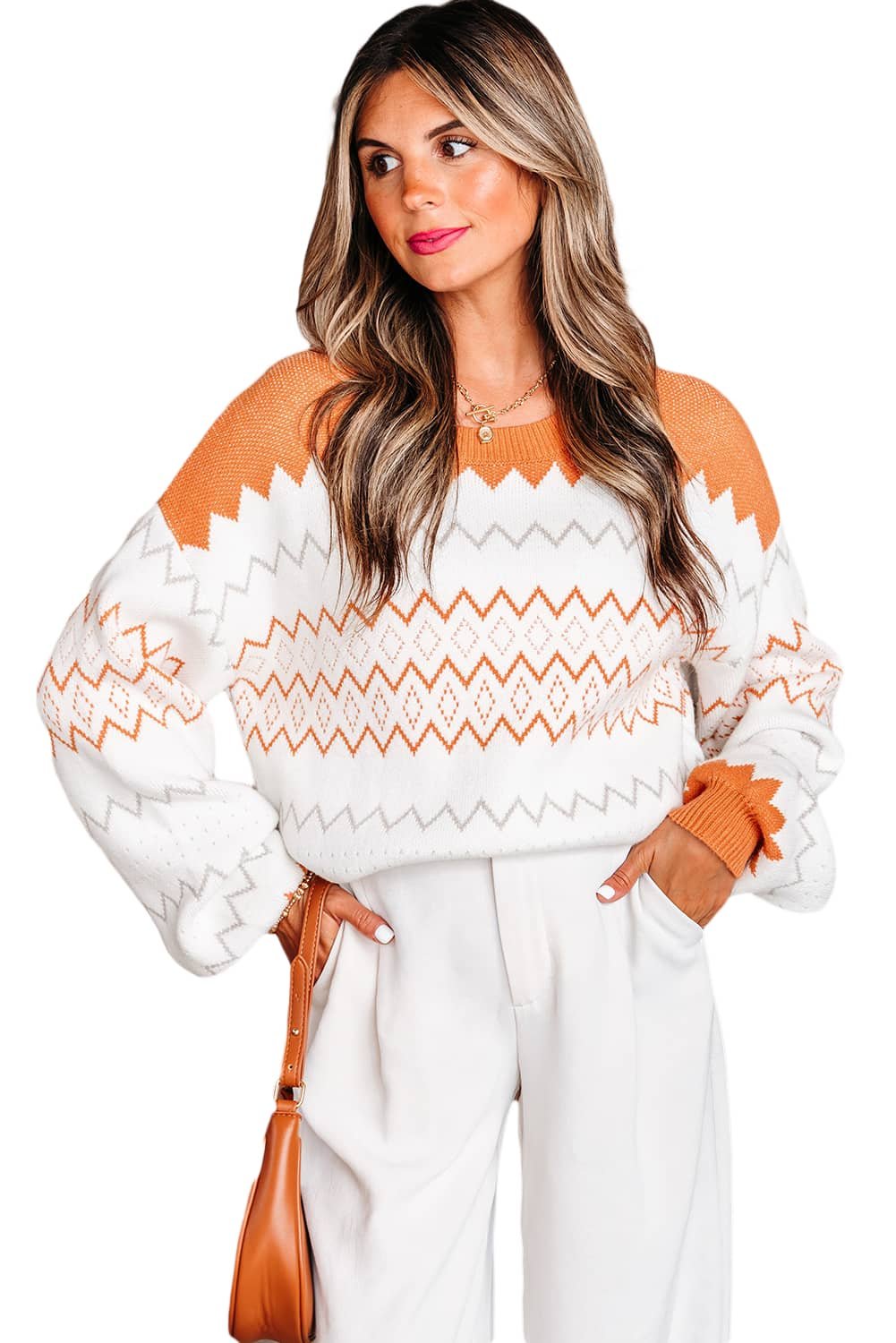 Khaki Zigzag Geometric Pattern Knitted Pullover Sweater