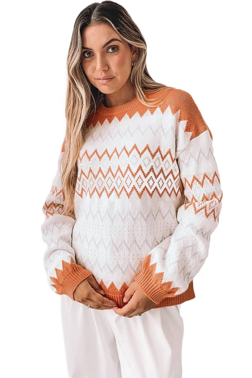 Khaki Zigzag Geometric Pattern Knitted Pullover Sweater