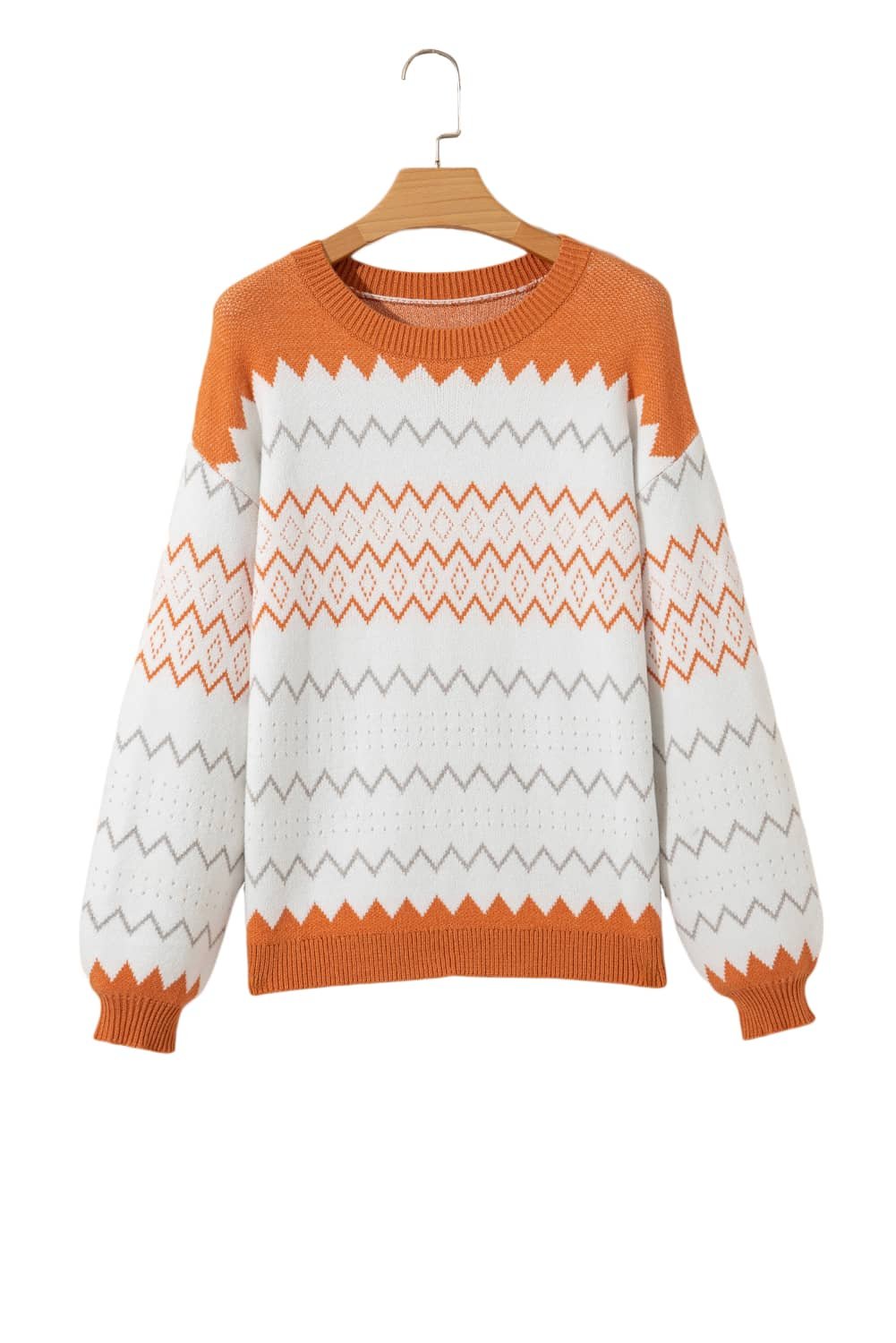 Khaki Zigzag Geometric Pattern Knitted Pullover Sweater