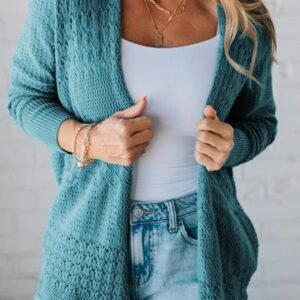 Lapis Mix Pattern Hollowed Knit Open Front Cardigan