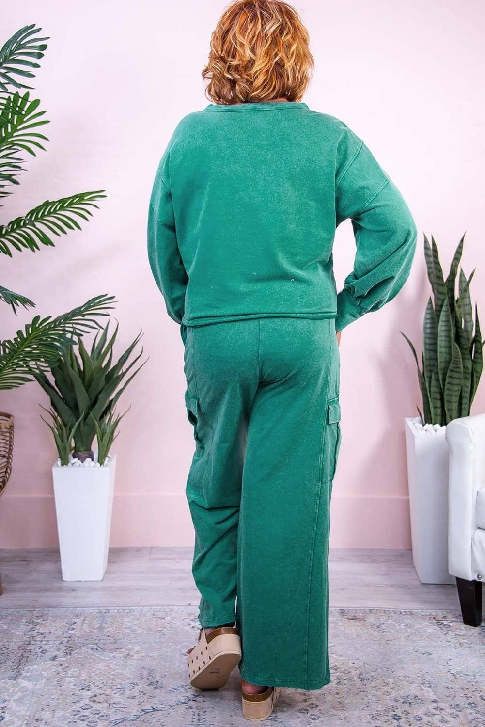 Lapis Solid Color Patchwork Pullover Top And Cargo Pants Set