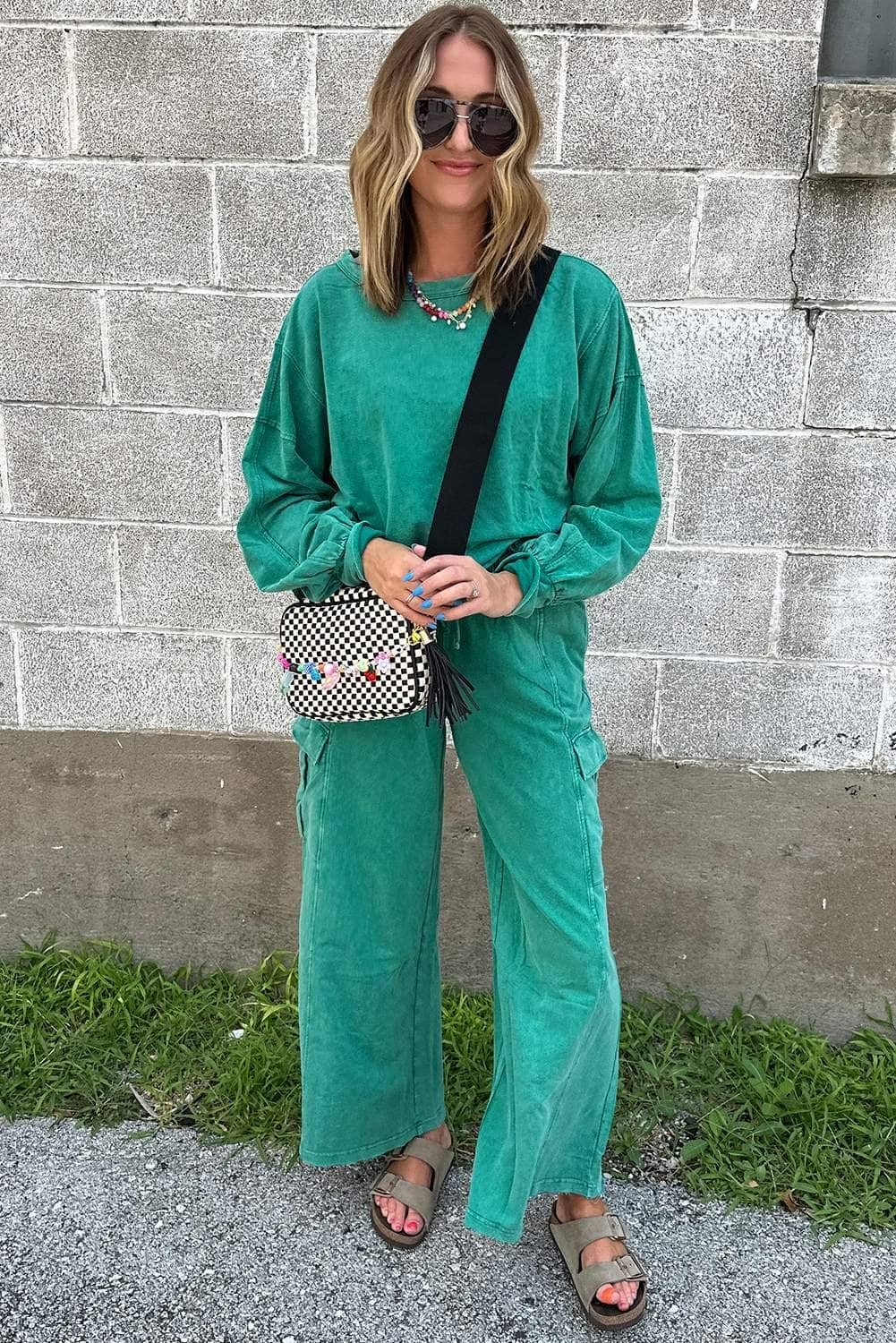 Lapis Solid Color Patchwork Pullover Top And Cargo Pants Set