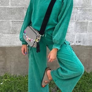 Lapis Solid Color Patchwork Pullover Top And Cargo Pants Set