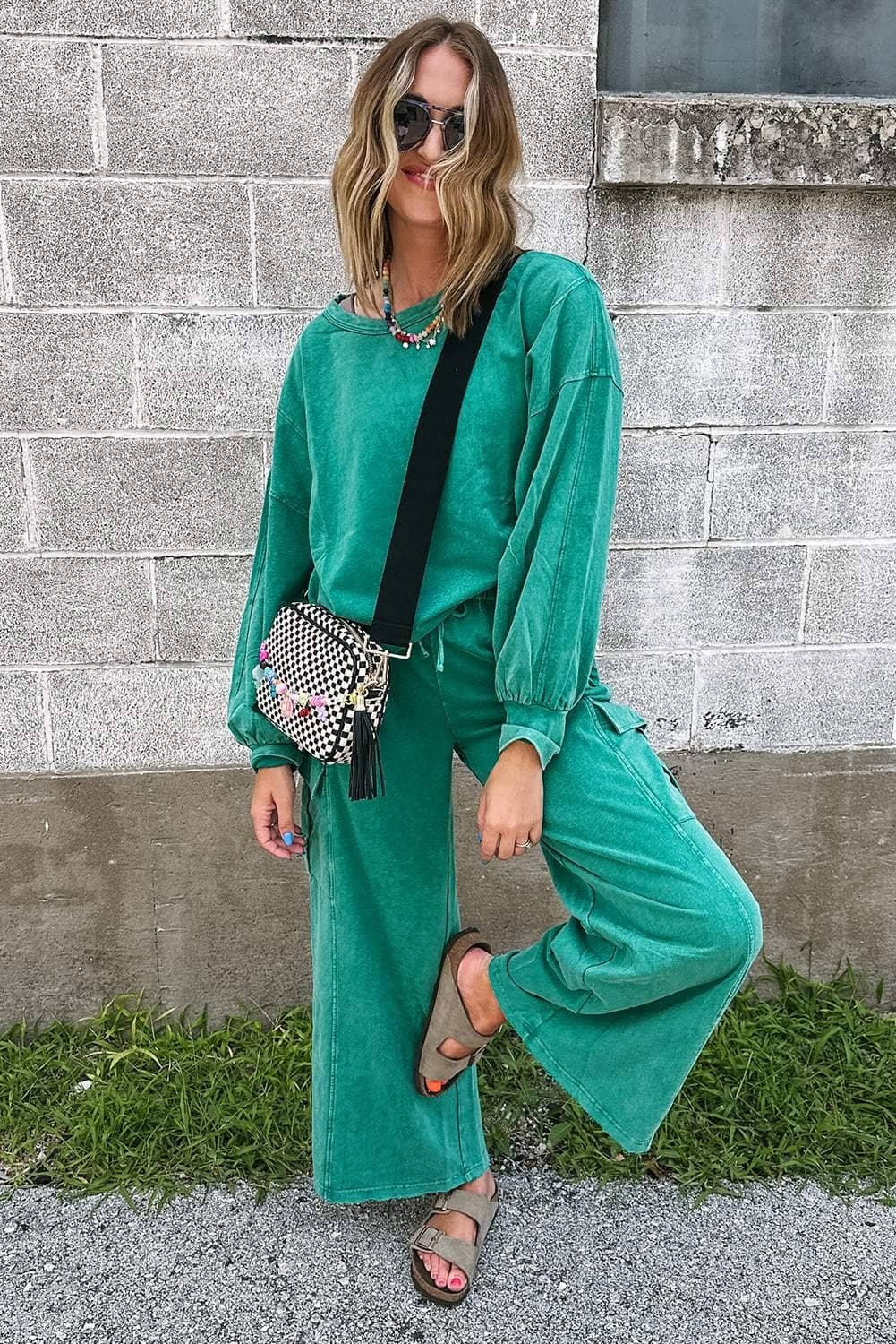 Lapis Solid Color Patchwork Pullover Top And Cargo Pants Set