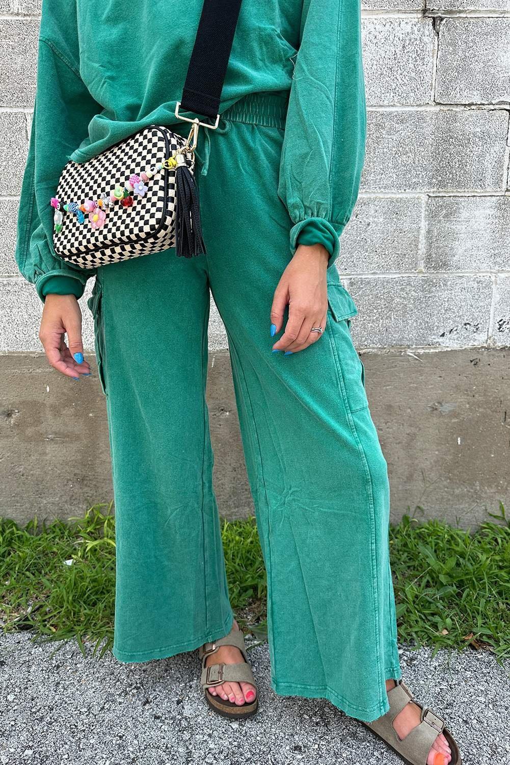 Lapis Solid Color Patchwork Pullover Top And Cargo Pants Set