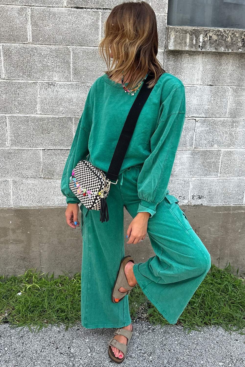 Lapis Solid Color Patchwork Pullover Top And Cargo Pants Set