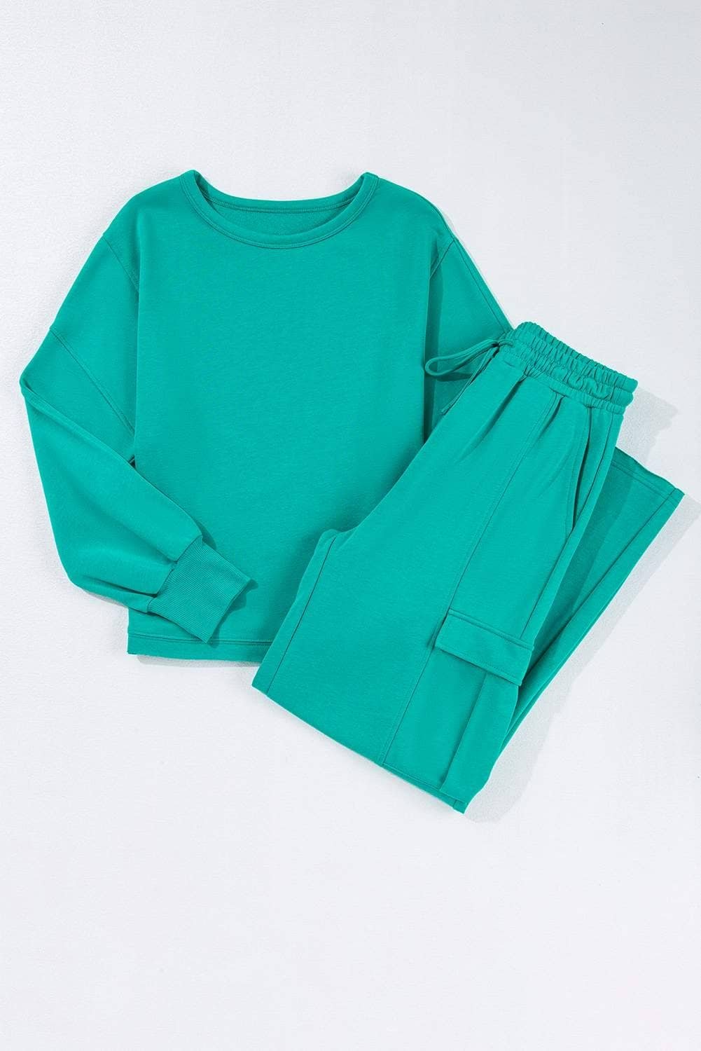 Lapis Solid Color Patchwork Pullover Top And Cargo Pants Set
