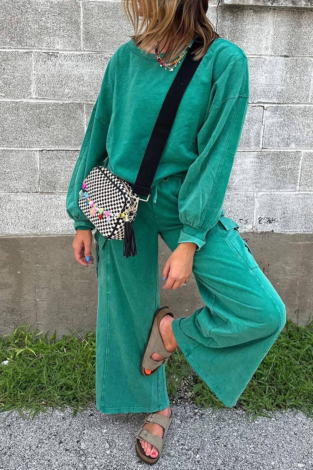 Lapis Solid Color Patchwork Pullover Top And Cargo Pants Set