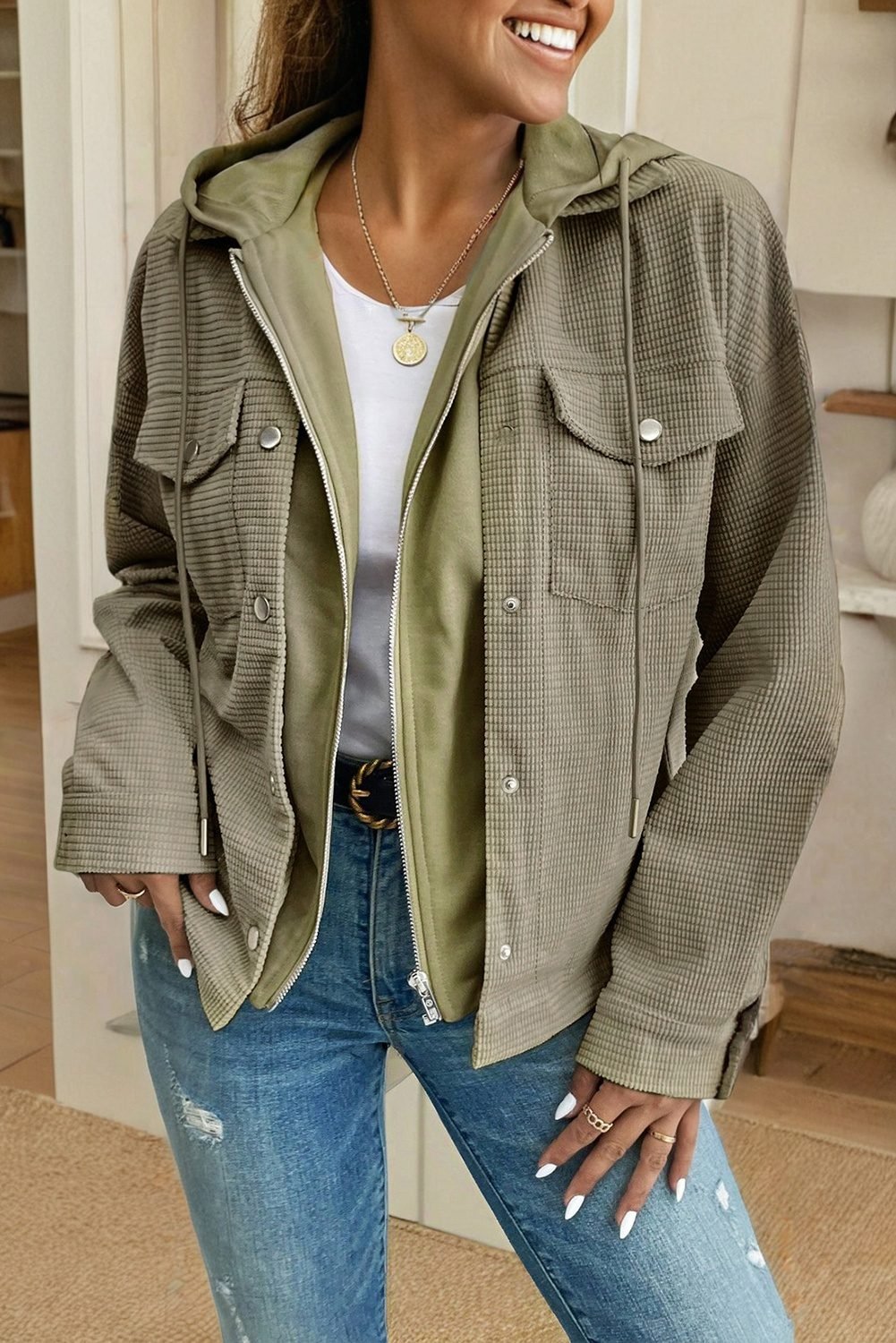 Laurel Green 2 In 1 Thermal Knit Textured Hooded Jacket