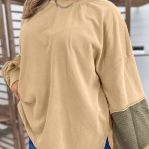 Laurel Green Exposed Seam Contrast Texture Patchwork Plus Size Drop Shoulder Pullover