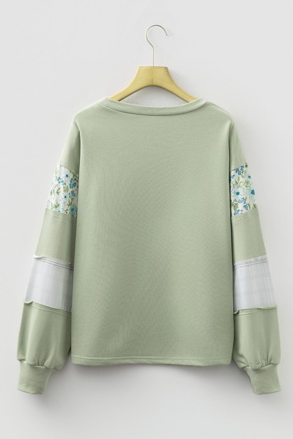 Laurel Green Floral Plaid Mixed Sleeve Raw Edge Relaxed French Terry Top