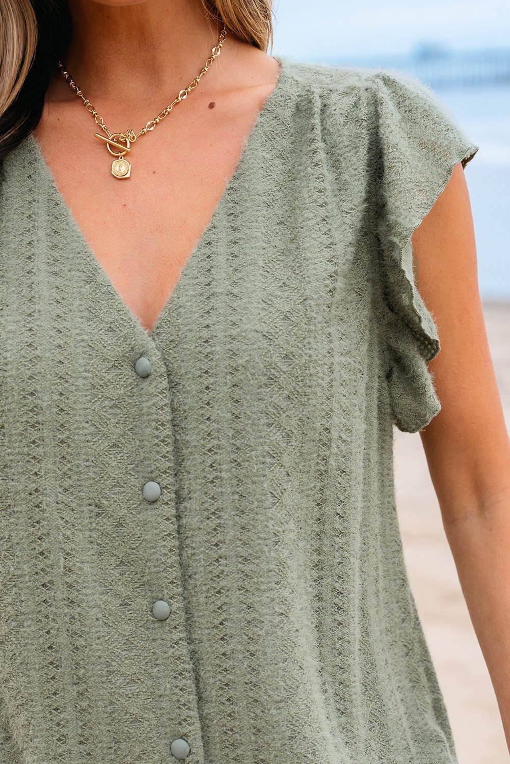Laurel Green Flutter Sleeve Lace V Neck Shirt