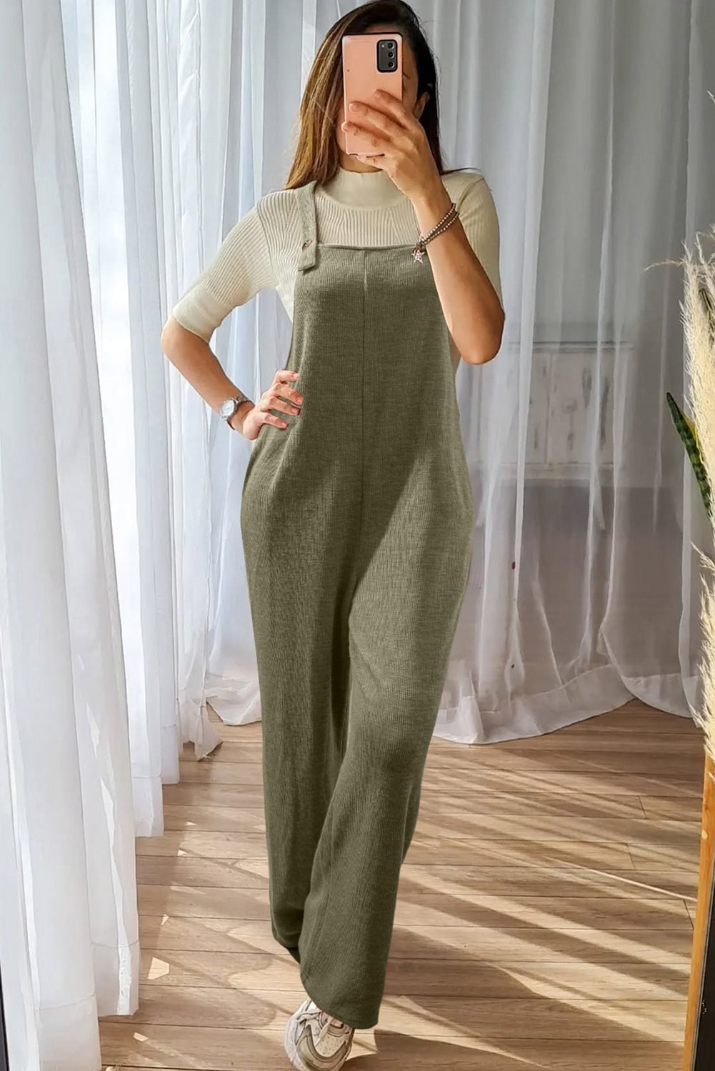 Laurel Green Solid Color Knit Loose Straight Leg Casual Overall Jumpsuit