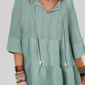 Laurel Green Tie Split Neck Textured Ruffle Patchwork Blouse
