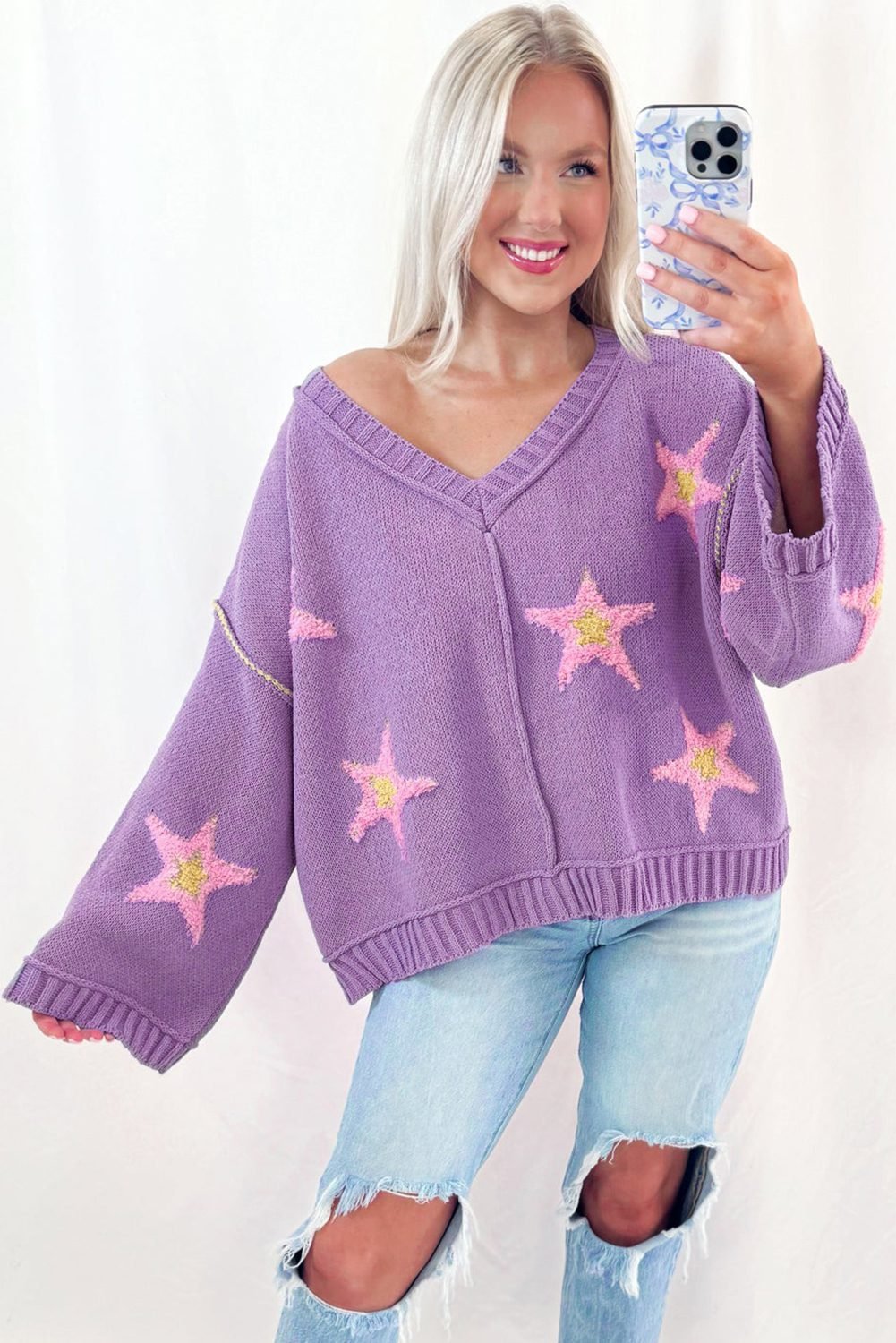 Lavendula Brushed Star Graphic V Neck Drop Shoulder Oversize Sweater
