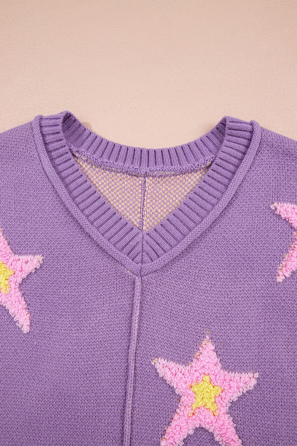 Lavendula Brushed Star Graphic V Neck Drop Shoulder Oversize Sweater