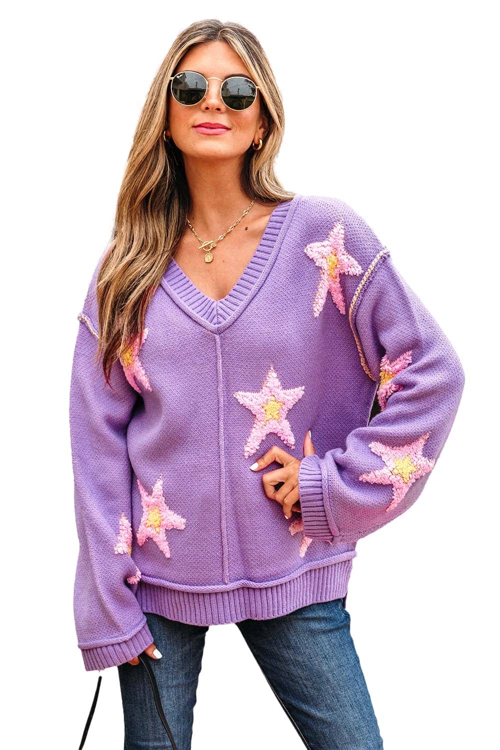 Lavendula Brushed Star Graphic V Neck Drop Shoulder Oversize Sweater