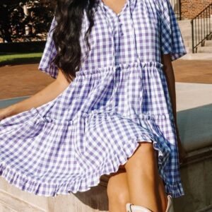 Lavendula Plaid Ruffle Wide Short Sleeve Babydoll Mini Dress