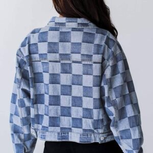 Light Blue Checkered Patchwork Button Up Denim Jacket