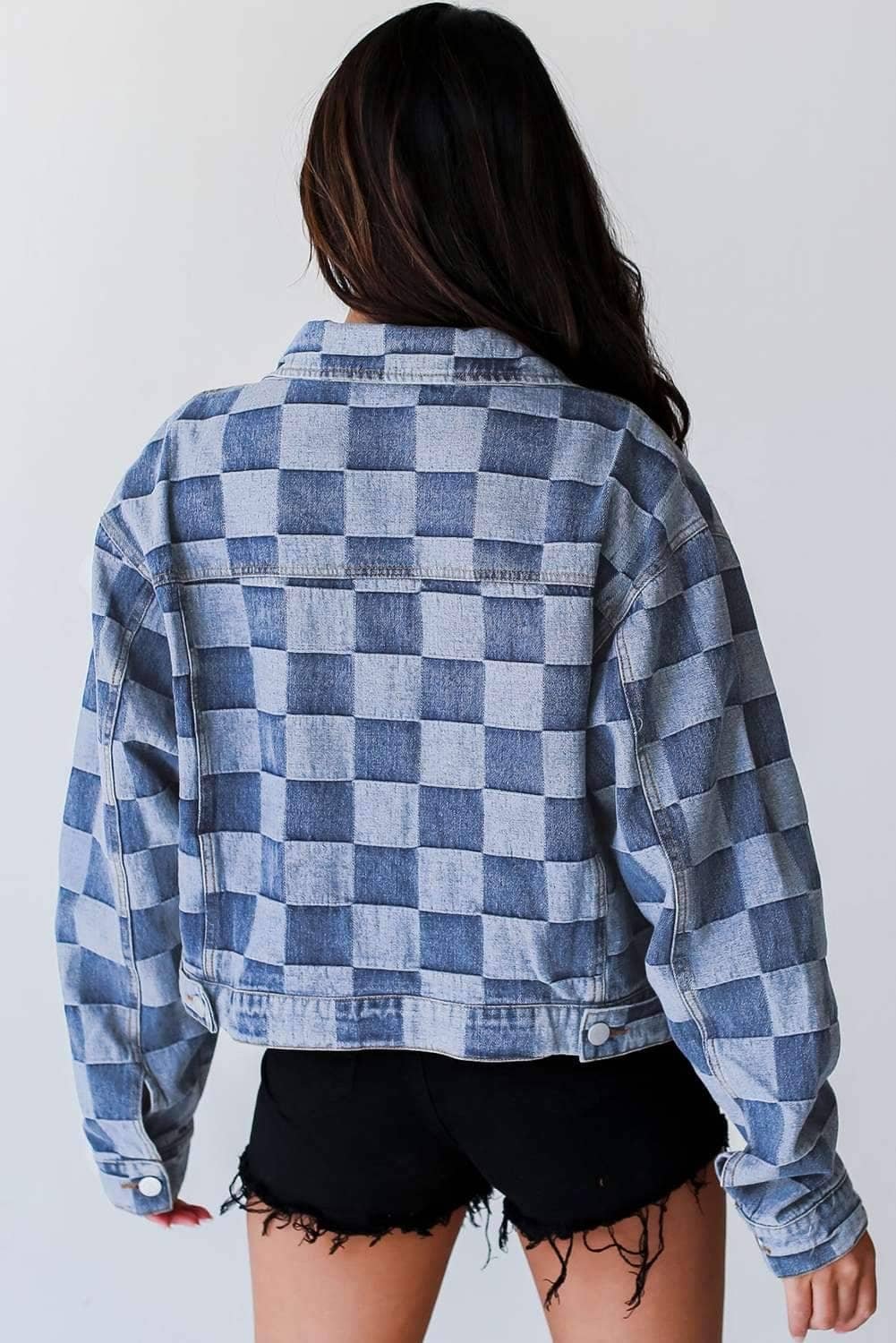 Light Blue Checkered Patchwork Button Up Denim Jacket