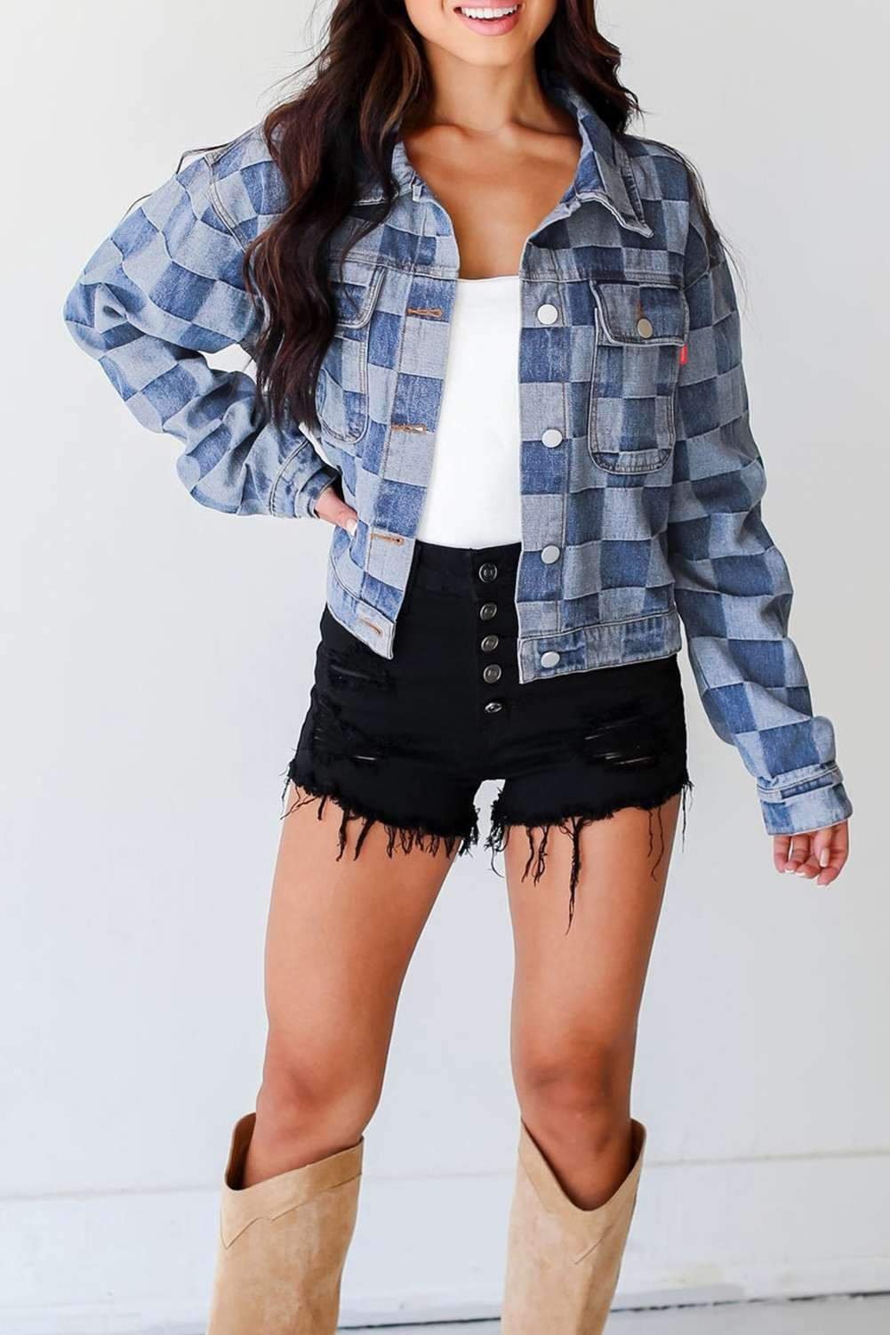 Light Blue Checkered Patchwork Button Up Denim Jacket