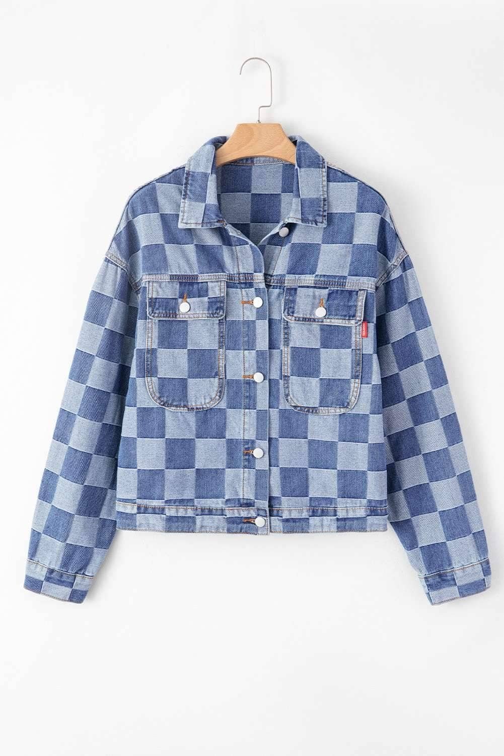 Light Blue Checkered Patchwork Button Up Denim Jacket