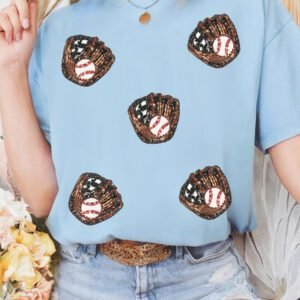 Light Blue Gopher Ball Sequin Patched Casual T Shirt