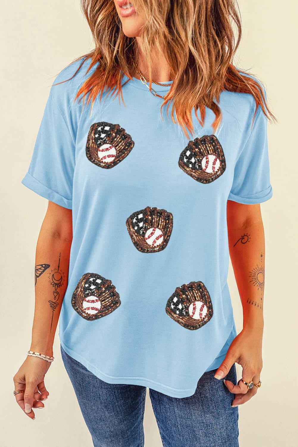 Light Blue Gopher Ball Sequin Patched Casual T Shirt