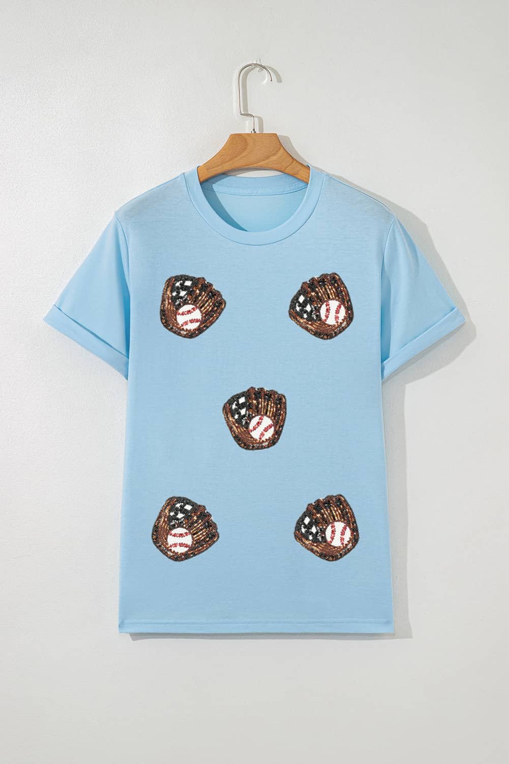 Light Blue Gopher Ball Sequin Patched Casual T Shirt