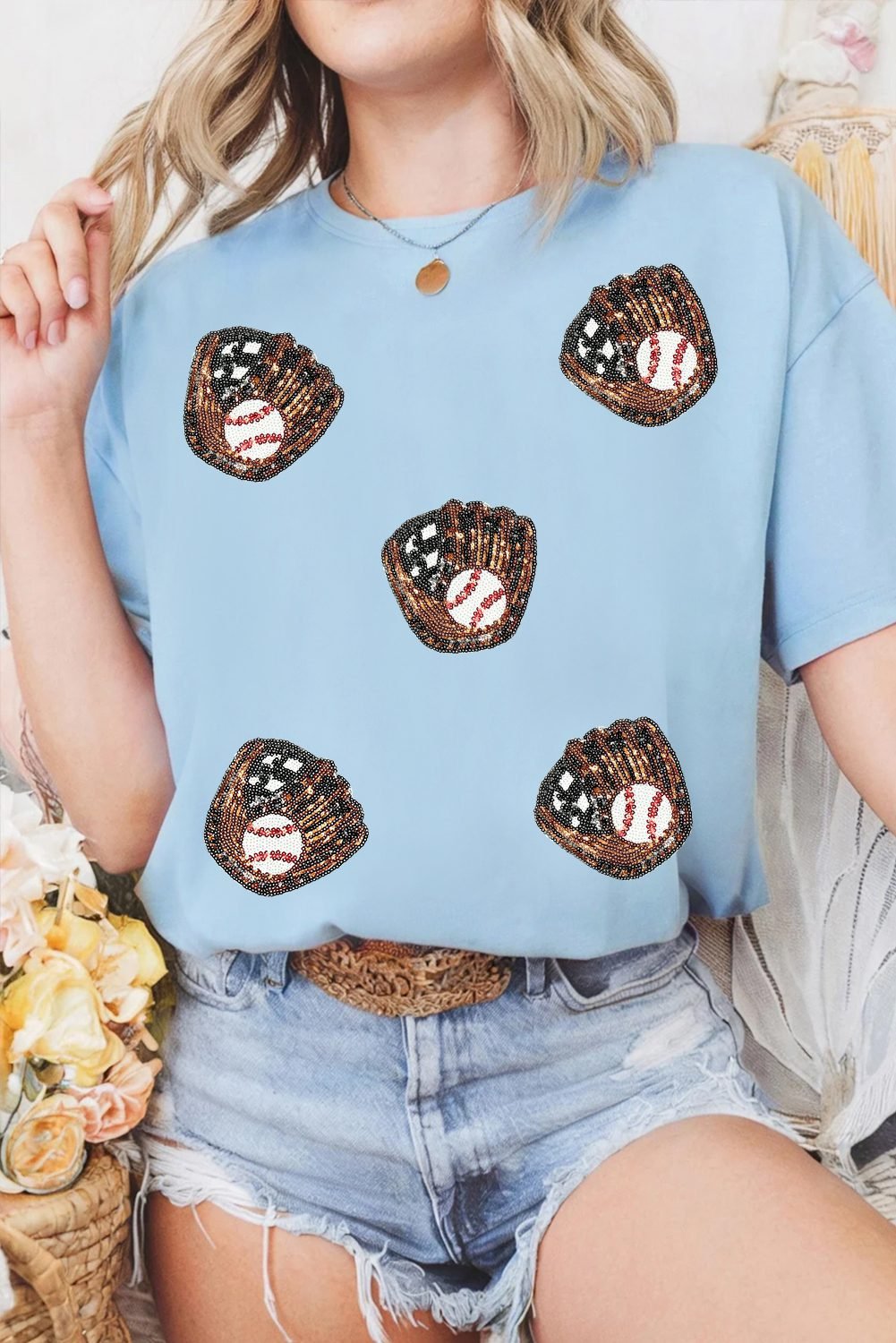 Light Blue Gopher Ball Sequin Patched Casual T Shirt