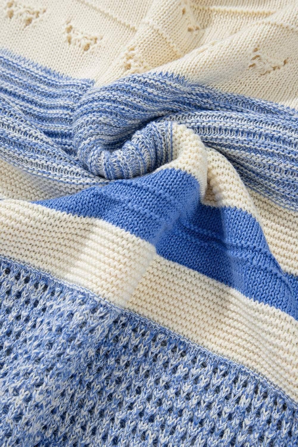 Light Blue Open Stitch Puff Sleeve Sweater