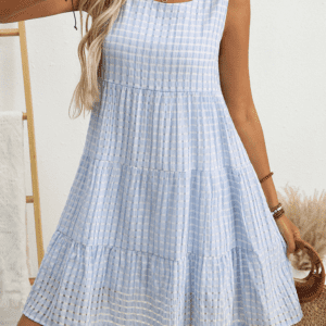 Light Blue Plaid Tiered A-Line Sleeveless Mini Sundress