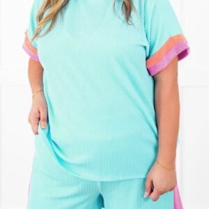 Light Blue Plus Size Color Block Corded Knit Tee And Shorts Set