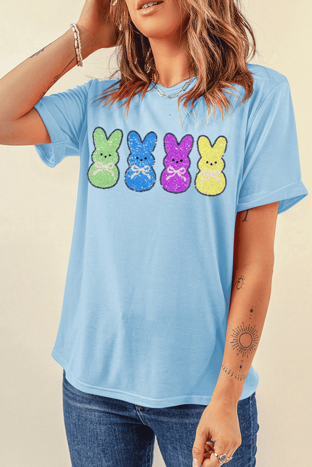 Light Blue Sequin Bunny Doll Graphic Casual T Shirt