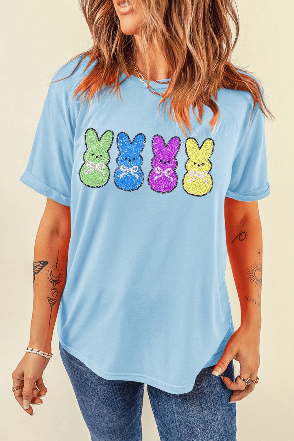 Light Blue Sequin Bunny Doll Graphic Casual T Shirt