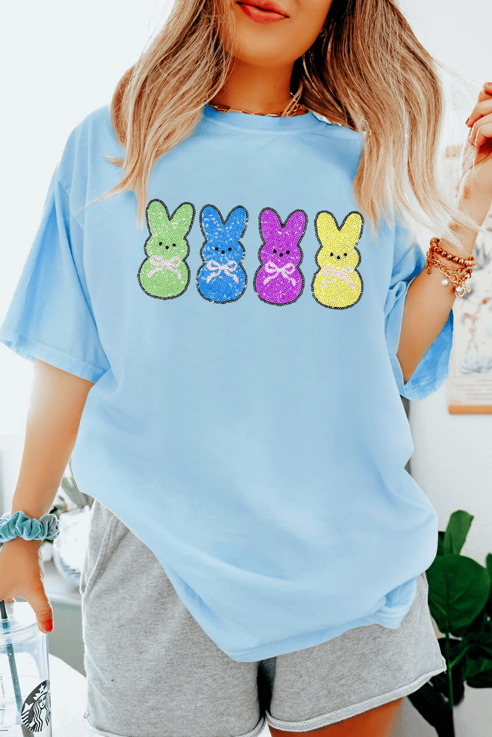 Light Blue Sequin Bunny Doll Graphic Casual T Shirt