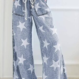 Light Blue Star Print Light Wash Drawstring High Waist Wide Leg Jeans