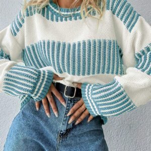 Light Blue Two Tone Striped Patchwork Drop Shoulder Loose Sweater