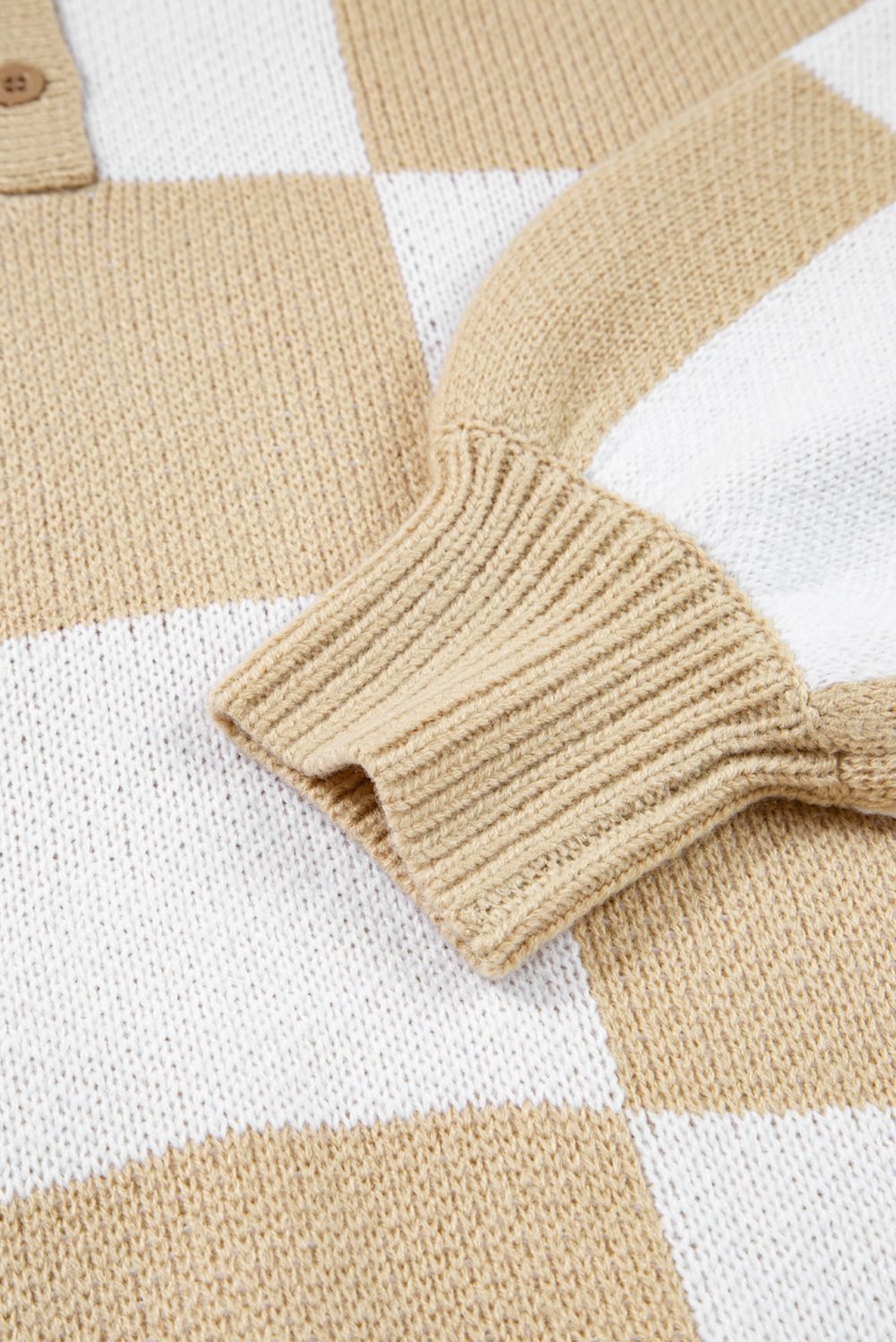 Light French Beige Checkered Pattern Polo Collar Loose Sweater