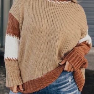 Light French Beige Contrast Stitch Detail Color Block Knitted Plus Size Sweater