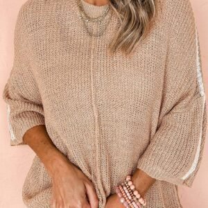 Light French Beige Contrast Striped 3/4 Sleeve Crew Neck Sweater
