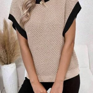 Light French Beige Contrast Trim Round Neck Batwing Sleeve Sweater Top