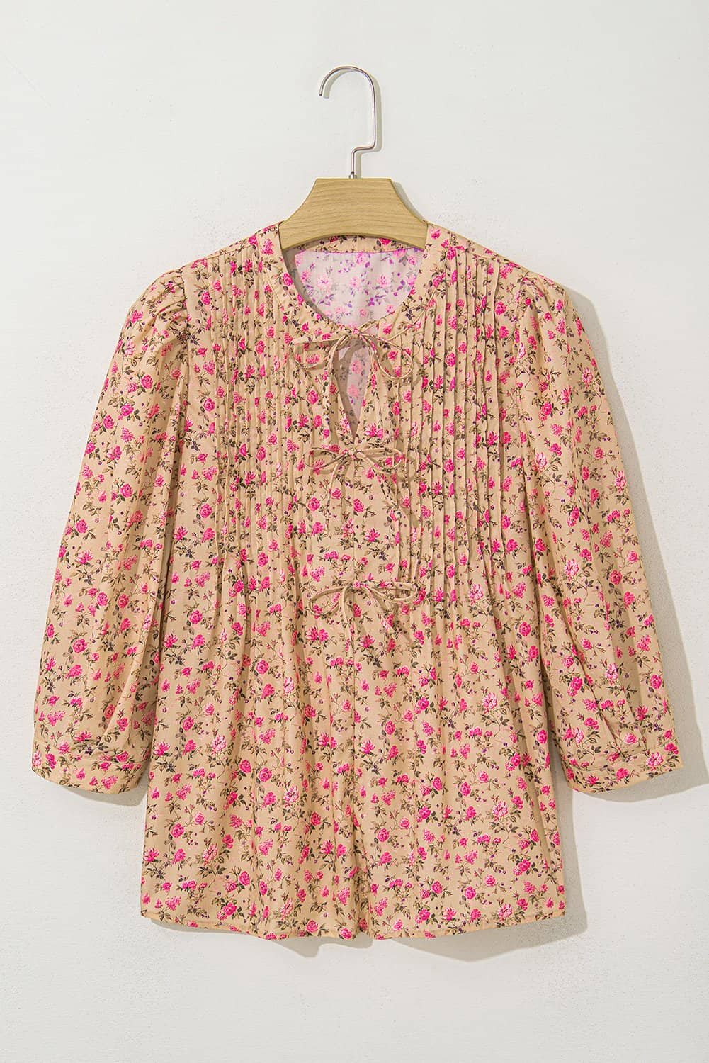 Light French Beige Floral Print Bow Pintuck Bust Half Puff Sleeve Blouse Top