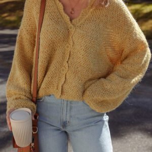 Light French Beige Lantern Sleeve Scallop V Neck Buttoned Front Cardigan