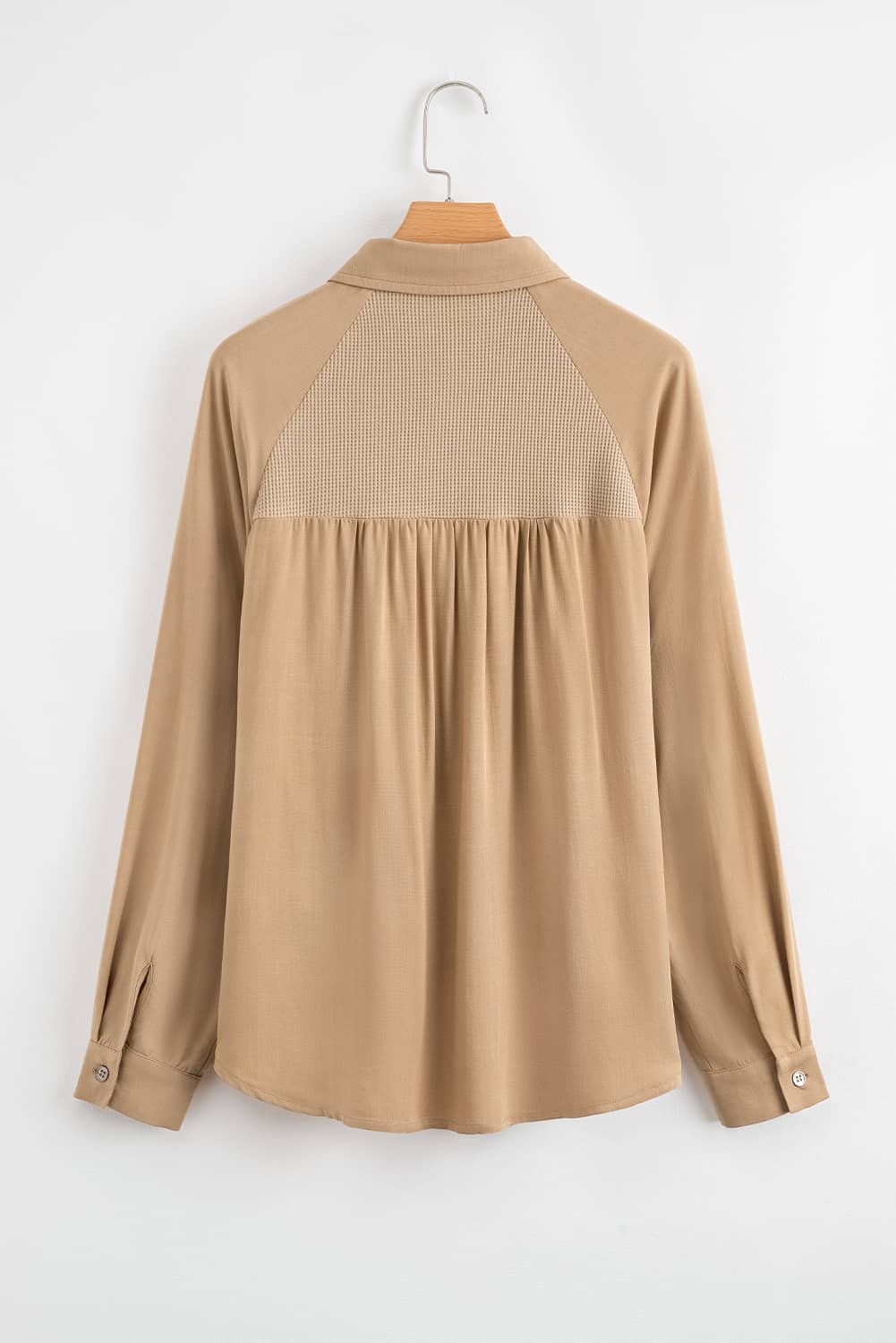 Light French Beige Waffle Patchwork Button Up Frayed Hem Shirt