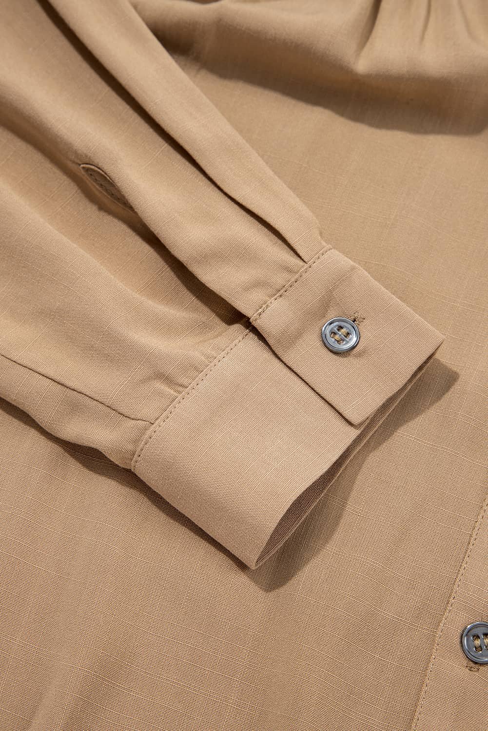 Light French Beige Waffle Patchwork Button Up Frayed Hem Shirt